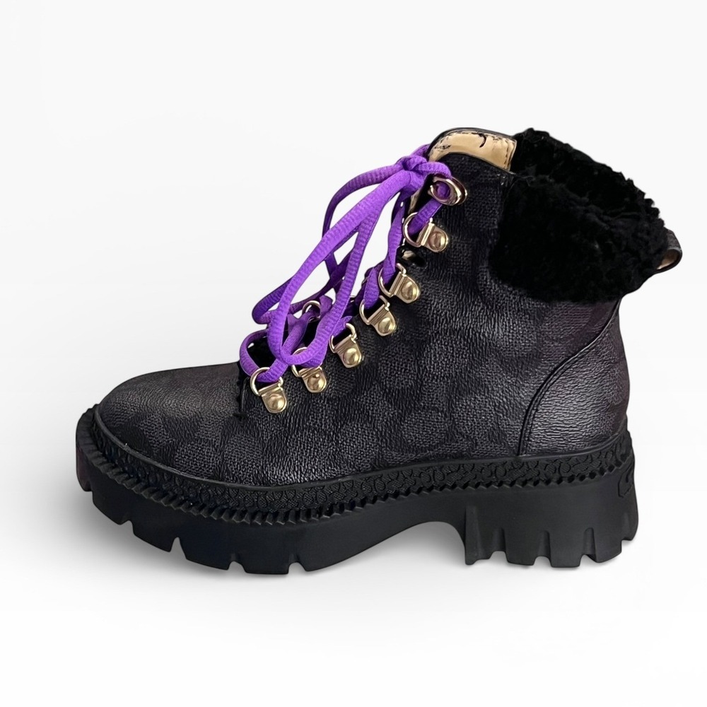 Coach Janel Boot Signature Canvas Black Hiking Lug‎ Sole C5879 Womens 5.5B Goth